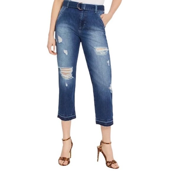 New! GUESS 1981 High Rise Belted Straight Leg Crop Distressed Raw Hem Jeans - Picture 1 of 9